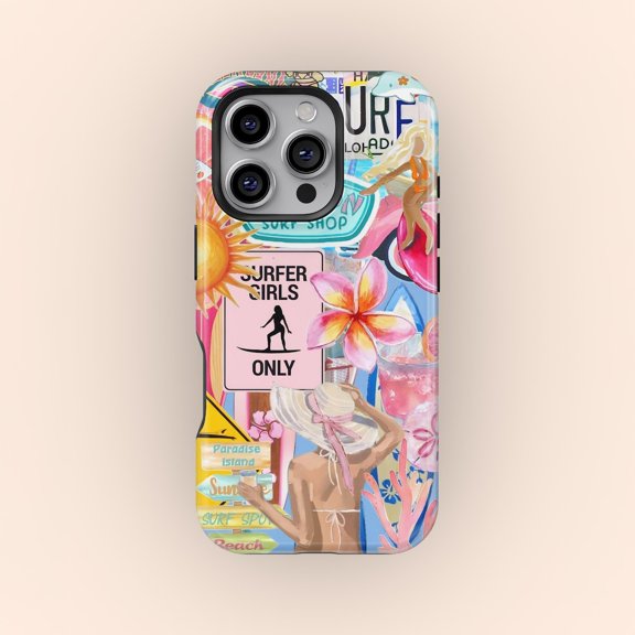 Protective iPhone Case Coquette Beach Collage Phone Case Tropical Surfer Vibes Palm Tree Shield IP13/14 Magnetic MagSafe Compatible