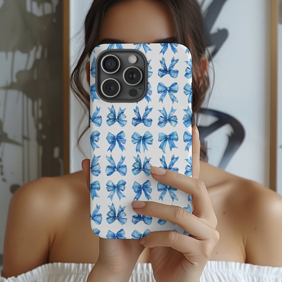Protective iPhone Case Coquette Blue Bow Phone Case Preppy Cute Girly Chic Design IP13/14 Magnetic MagSafe Compatible
