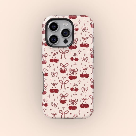 Protective iPhone Case Coquette Bow Cherry Red Ribbon Aesthetic Girly Minimalist Line Case IP16 Magnetic MagSafe Compatible