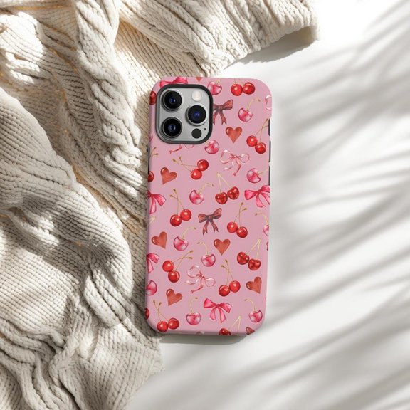 Protective iPhone Case Coquette Cherry Cell Phone Case Cute Bow Dainty Aesthetic Cover IP13/14 Magnetic MagSafe Compatible