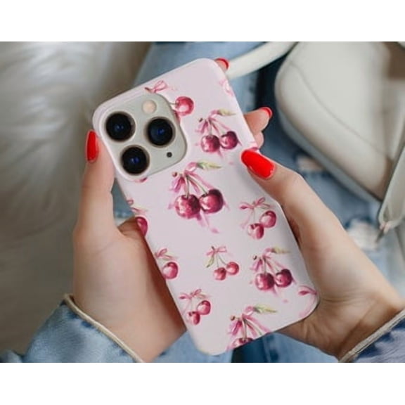 Protective iPhone Case Coquette Cherry Phone Case Girly Ribbons Fruit Balletcore Cover IP15 Magnetic MagSafe Compatible