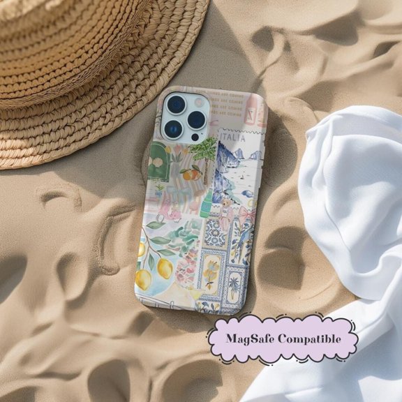 Protective iPhone Case Coquette Italian Summer Collage Case Coastal Italy Trendy Scrapbook IP16 Magnetic MagSafe Compatible