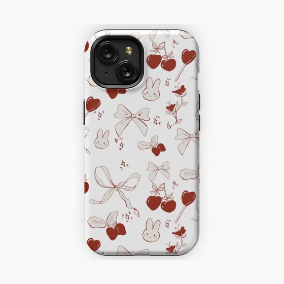 Protective iPhone Case Coquette Ribbons Bows and Cherries Phone Case Aesthetic Style IP15 Magnetic MagSafe Compatible
