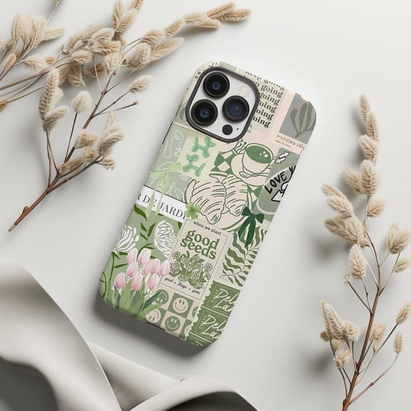 Protective iPhone Case Coquette Sage Green Collage Protective Cell Phone Case Cute Botanical Scrapbook Cover IP13/14 Magnetic MagSafe Compatible