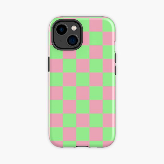 Protective iPhone Case Coral Green Checkered Y2K Pattern Phone Case IP15 Magnetic MagSafe Compatible