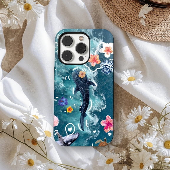 Protective iPhone Case Coral Reef Whale Shark Phone Case Tropical Flowers Seass Summer Collage IP13/14 Magnetic MagSafe Compatible