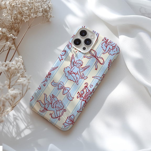 Protective iPhone Case Cupid Bows Stripes Blue Red Cherub Angels Festive Pattern Cover IP15 Magnetic MagSafe Compatible