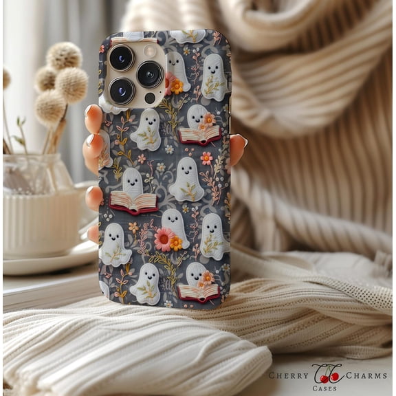 Protective iPhone Case Cute Bookish Ghost Cell Phone Case Cottagecore Vintage Book Lover Floral Aesthetic Style 2 IP13/14 Magnetic MagSafe Compatible