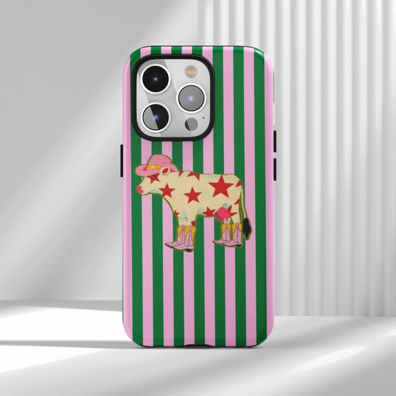 Protective iPhone Case Cute Cow With Cowboy Hat Design Protective Cell Phone Case Striped Cover IP13/14 Magnetic MagSafe Compatible