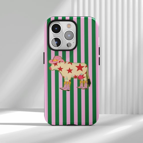 Protective iPhone Case Cute Cow With Cowboy Hat Design Protective Cell Phone Case Striped Cover IP15 Magnetic MagSafe Compatible