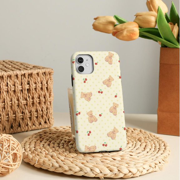 Protective iPhone Case Cute Dots Cherry Bear Kawaii Pattern Whimsical Animal Fruit Grid Shield IP16 Magnetic MagSafe Compatible
