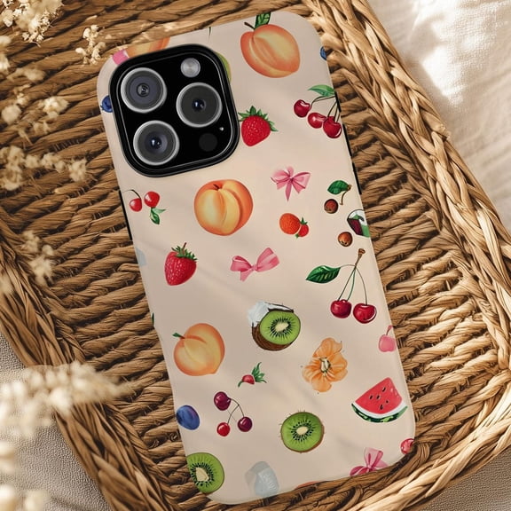 Protective iPhone Case Cute Peachy Fruit Collage Phone Case Summer Cherry Pattern Girly Style IP13/14 Magnetic MagSafe Compatible