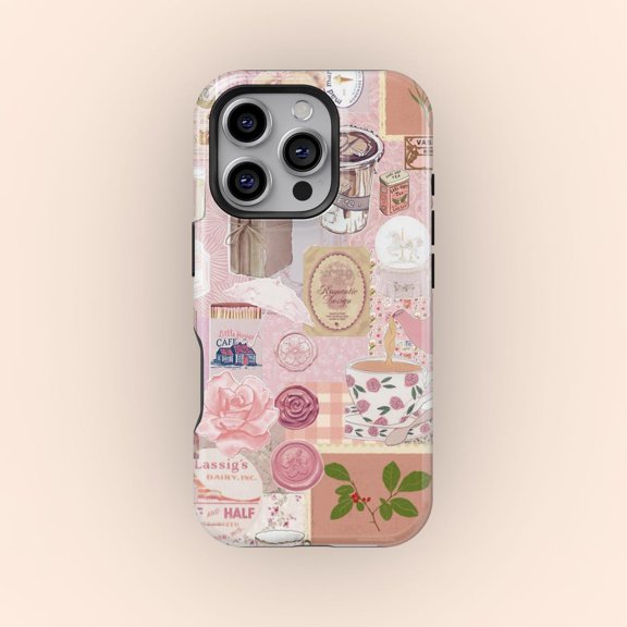 Protective iPhone Case Cute Pink Kawaii Art Collage Pastel Soft Tone Graphic Shield IP13/14 Magnetic MagSafe Compatible