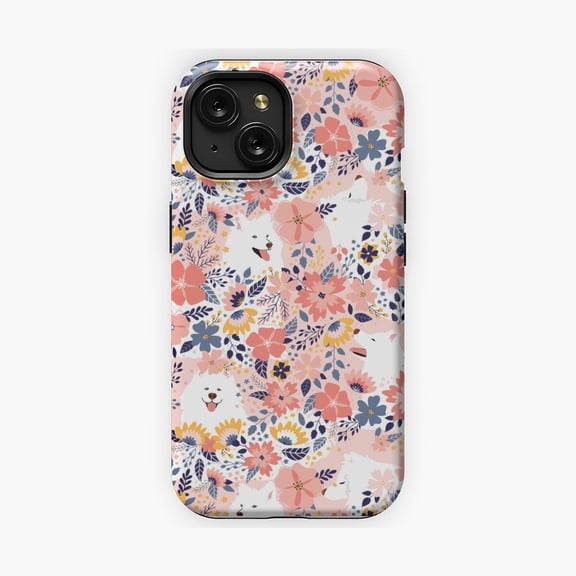 Protective iPhone Case Cute Samoyed Garden Pink Background Decorative Phone Case Fluffy White Puppy Floral Pattern Shield IP15 Magnetic MagSafe Compatible