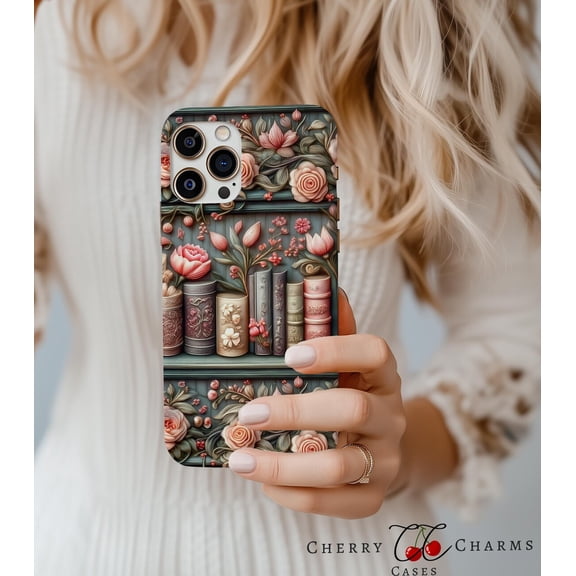 Protective iPhone Case Cute Vintage Floral Bookshelf Cell Phone Case Cottagecore Bookishcover Book Lover Cover IP15 Magnetic MagSafe Compatible