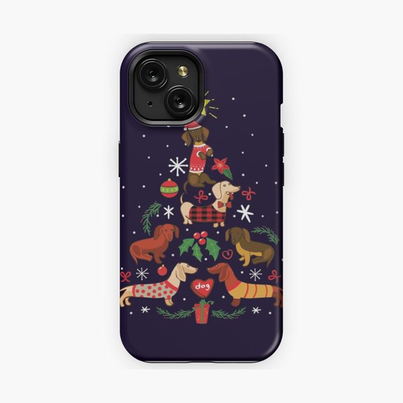 Protective iPhone Case Dachshund Tree Decor Inspired Artwork Phone Case Long Puppy Tangled In Tinsel Cover IP13/14 Magnetic MagSafe Compatible