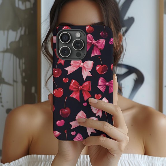 Protective iPhone Case Dark Coquette Cherry Bow Phone Case Collage Valentines Day Pattern IP15 Magnetic MagSafe Compatible