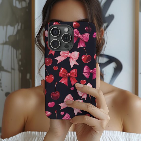 Protective iPhone Case Dark Coquette Cherry Bow Phone Case Collage Valentines Day Pattern IP16 Magnetic MagSafe Compatible