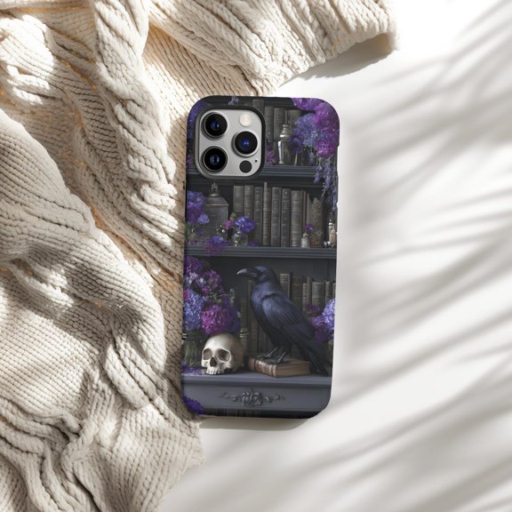 Protective iPhone Case Dark Gothic Raven Phone Case Bookshelf Skull Purple Theme IP16 Magnetic MagSafe Compatible