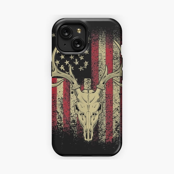 Protective iPhone Case Deer Hunters Deer Skull on American Flag Hunting Fans Phone Case IP13/14 Magnetic MagSafe Compatible