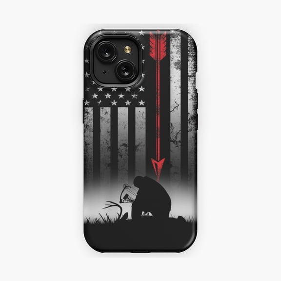 Protective iPhone Case Deer Hunting Bow American Flag Phone Case Graphic Design IP15 Magnetic MagSafe Compatible