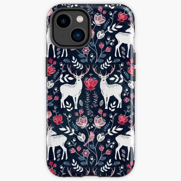 Protective iPhone Case Deer Navy Blue Background Whitetail Stag Silhouette Moon Heavy Duty Shockproof Hard Shell IP13/14 Magnetic MagSafe Compatible