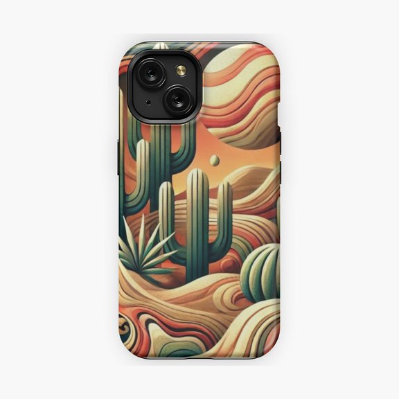 Protective iPhone Case Desert Cactus Sunset Abstract Landscape Phone Case Minimalist Geometric Warm Tone Cover IP13/14 Magnetic MagSafe Compatible