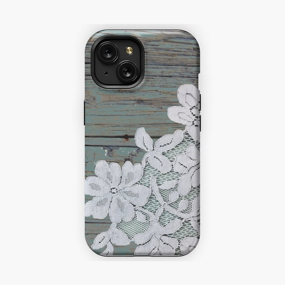 Protective iPhone Case Distressed Floral White Lace Western Country Teal Barn Wood Phone Case IP16 Magnetic MagSafe Compatible