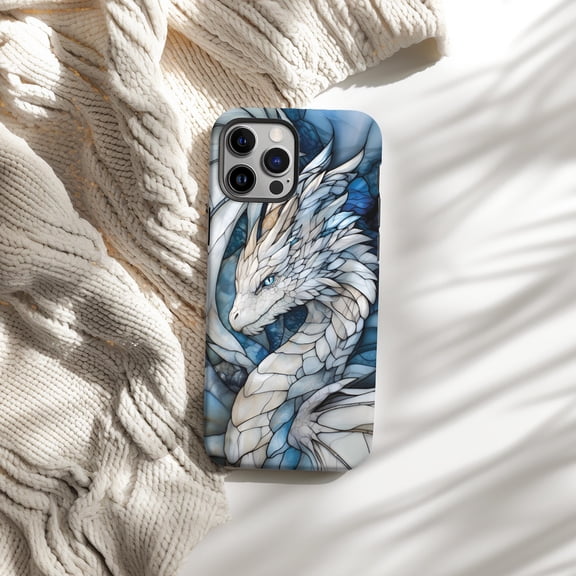 Protective iPhone Case Dragon Stained Glass Phone Case Mosaic Fantasy Blue Artwork IP16 Magnetic MagSafe Compatible