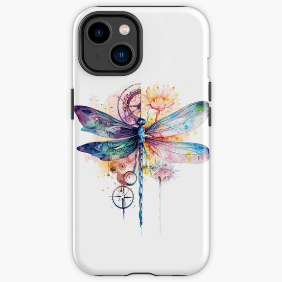 Protective iPhone Case Dragonfly Half Wing Clock Flowers Surreal Steampunk Art Heavy Duty Shockproof Hard Shell IP13/14 Magnetic MagSafe Compatible