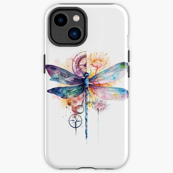 Protective iPhone Case Dragonfly Half Wing Clock Flowers Surreal Steampunk Art Heavy Duty Shockproof Hard Shell IP16 Magnetic MagSafe Compatible