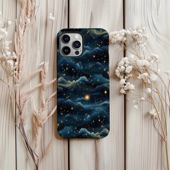 Protective iPhone Case Dreamy Starry Sky Protective Cell Phone Case Celestial Clouds Golden Stars Cover IP13/14 Magnetic MagSafe Compatible