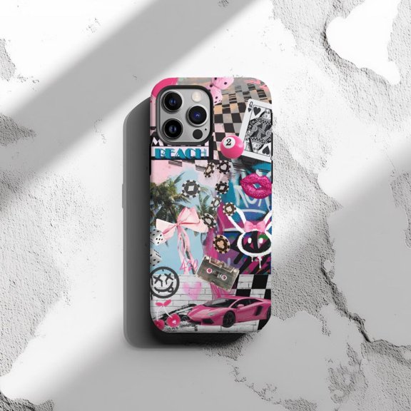 Protective iPhone Case Edgy Coquette Collage Cell Phone Case Bold Aesthetic Racer Girl Miami Cover IP13/14 Magnetic MagSafe Compatible