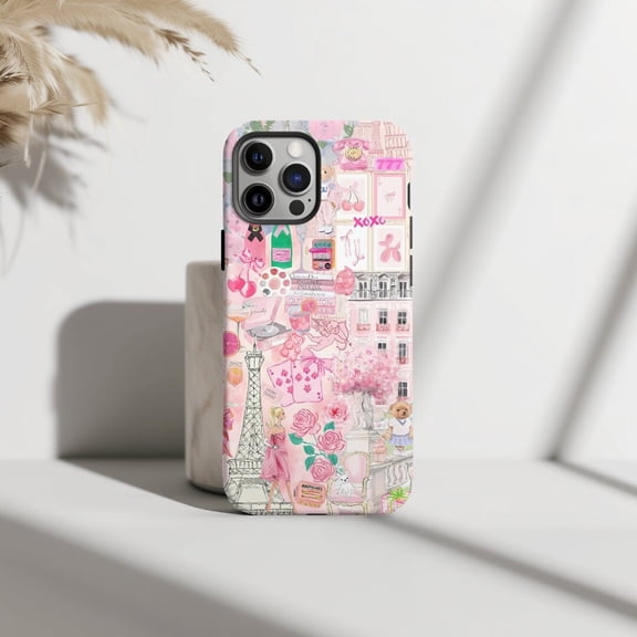 Protective iPhone Case Elegant Coquette Collage Phone Case Preppy Pink Paris Theme Artistic Design IP15 Magnetic MagSafe Compatible