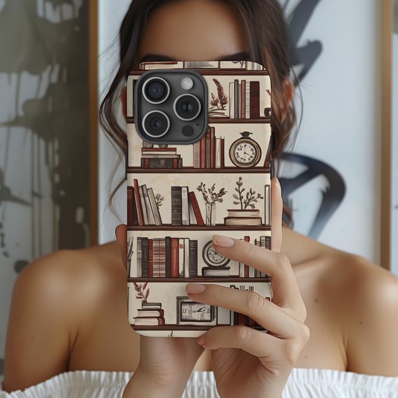 Protective iPhone Case Fall Bookshelf Phone Case Light Academia Aesthetic Design IP13/14 Magnetic MagSafe Compatible