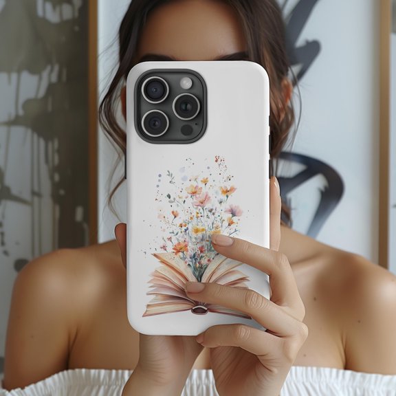 Protective iPhone Case Floral Book Phone Case Reader Lover Light Academia Art IP16 Magnetic MagSafe Compatible