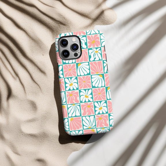 Protective iPhone Case Floral Cell Phone Case Coral Checkerboard Abstract Flowers Cover IP13/14 Magnetic MagSafe Compatible
