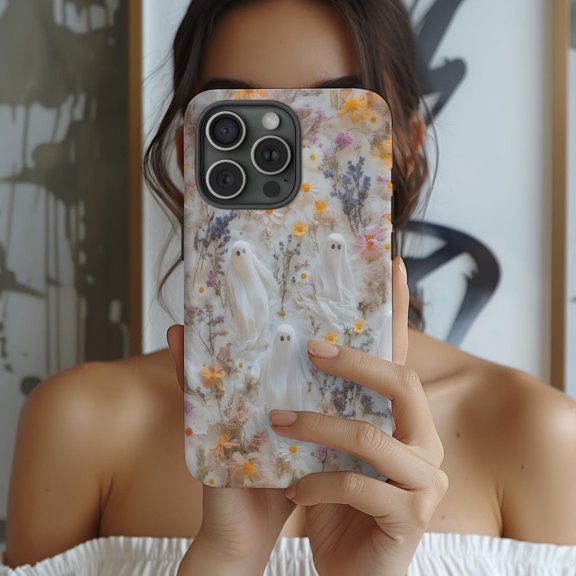 Protective iPhone Case Floral Ghost Phone Case Flower Pastel Goth Spooky Theme IP15 Magnetic MagSafe Compatible