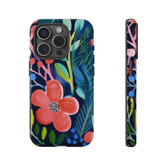 Protective iPhone Case Floral Pattern Phone Case Pink Flower On Dark Background Vibrant Botanical Protection IP16 Magnetic MagSafe Compatible