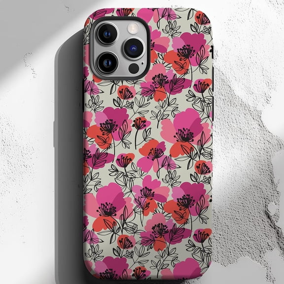 Protective iPhone Case Floral Phone Case Pink Gray Flowers Chic Design IP16 Magnetic MagSafe Compatible