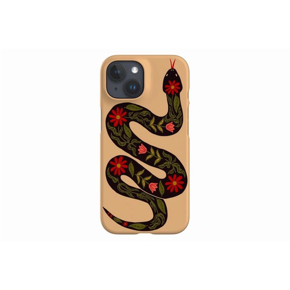 Protective iPhone Case Floral Snake Folk Art Design Cream Black Serpent Shield Variant IP13/14 Magnetic MagSafe Compatible