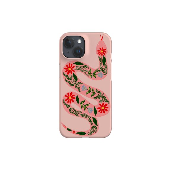 Protective iPhone Case Floral Snake Folk Art Design Pink Red Serpent Cover Variant IP16 Magnetic MagSafe Compatible