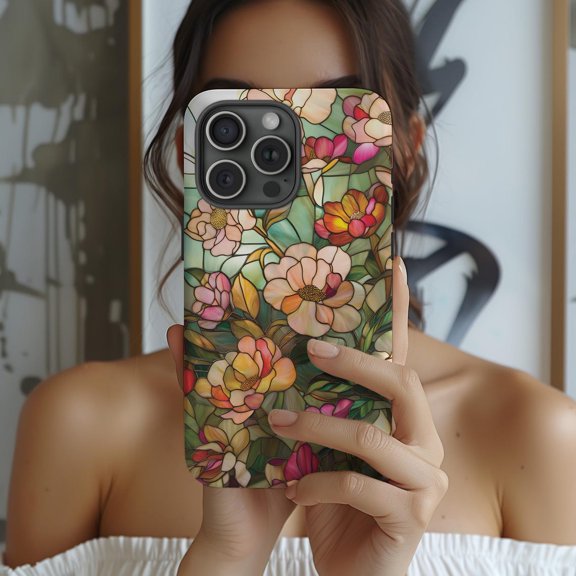 Protective iPhone Case Floral Stained Glass Phone Case Cosmos Flower Mosaic Pastel Spring IP13/14 Magnetic MagSafe Compatible