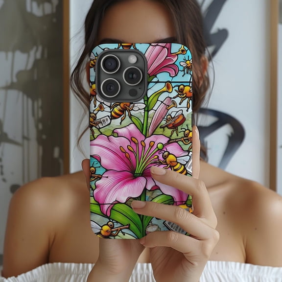 Protective iPhone Case Flower Bee Phone Case Pink Floral Busy Bees Slim Cover IP13/14 Magnetic MagSafe Compatible