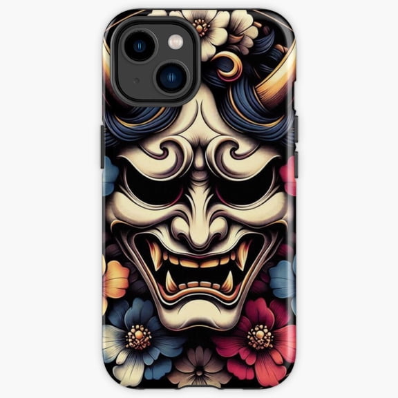 Protective iPhone Case Flower Oni One Japanese Samurai Demon Mask Botanical Heavy Duty Shockproof Hard Shell IP16 Magnetic MagSafe Compatible