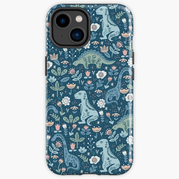 Protective iPhone Case Folk Dinosaurs Blue Whimsical Prehistoric Animal Pattern Heavy Duty Shockproof Hard Shell IP15 Magnetic MagSafe Compatible