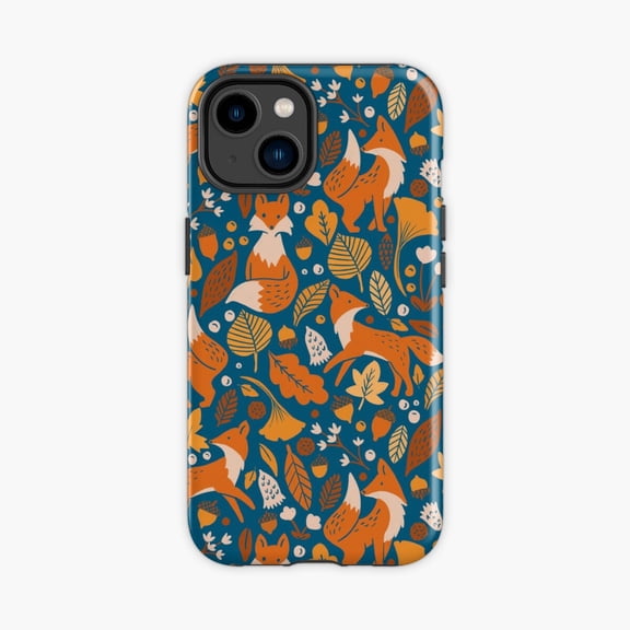 Protective iPhone Case Fox Autumn Foliage Blue Design Phone Case IP13/14 Magnetic MagSafe Compatible