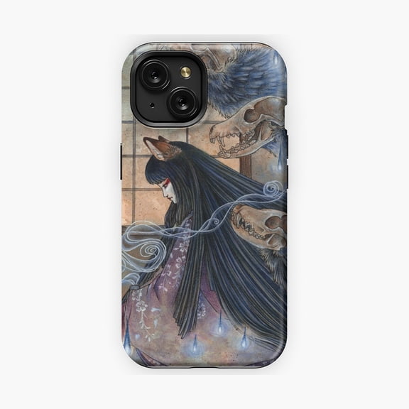 Protective iPhone Case Fox Spirit Woman Phone Case with Mystical Fantasy Artwork Kitsune Folklore Portrait IP13/14 Magnetic MagSafe Compatible