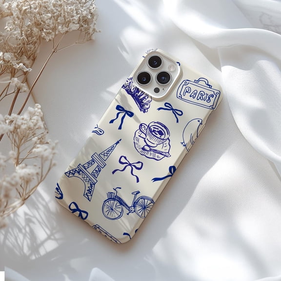 Protective iPhone Case French Paris Foodie Blue Bows Pastry Cafe Menu Collage Shield IP16 Magnetic MagSafe Compatible