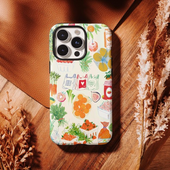 Protective iPhone Case Fruit Sticker Collage Cute Foodie Harvest Label Graphic Cover IP13/14 Magnetic MagSafe Compatible